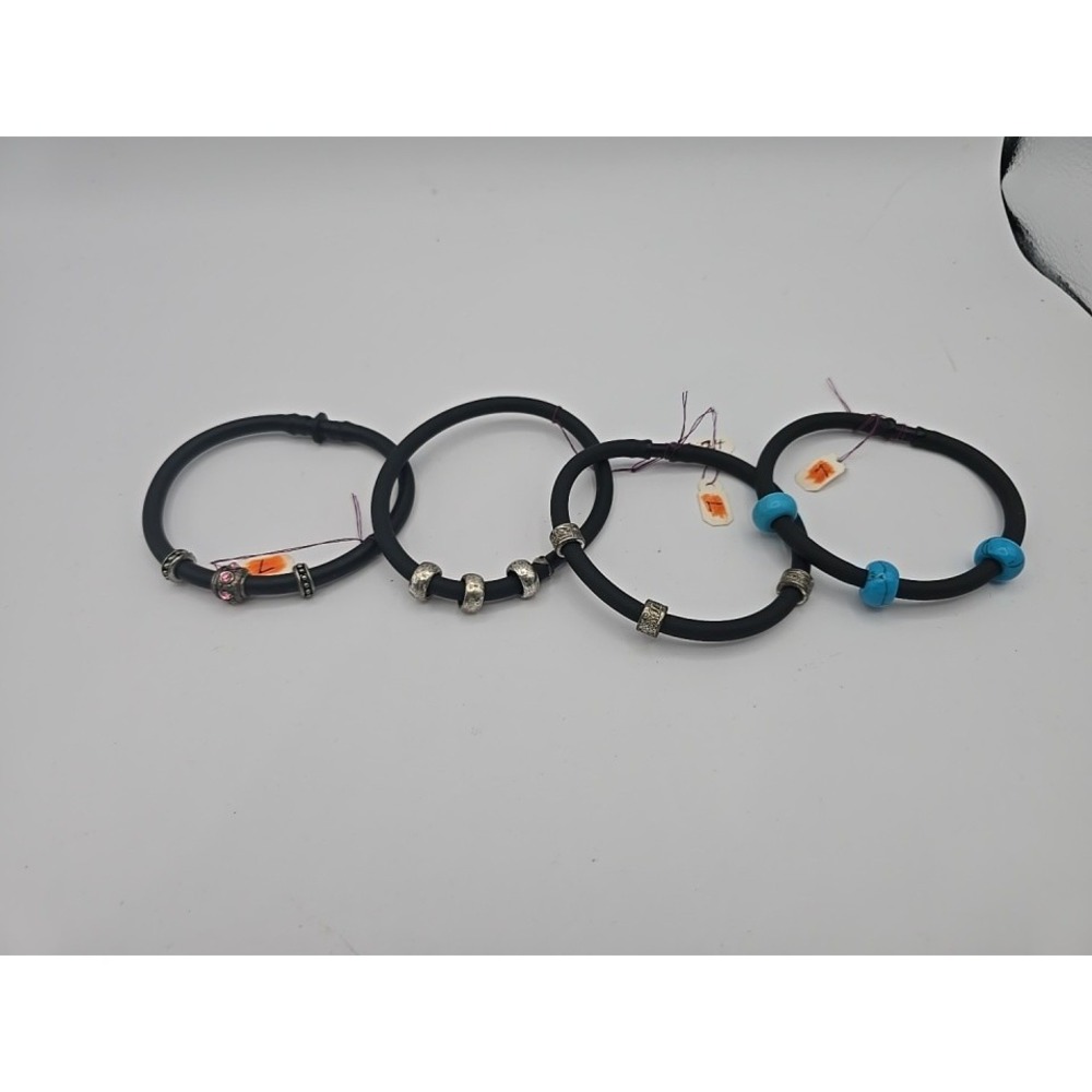 Lot Of 4 Rubber Tube Handmade Black Charm Bead Bracelets Silver Turquoise L